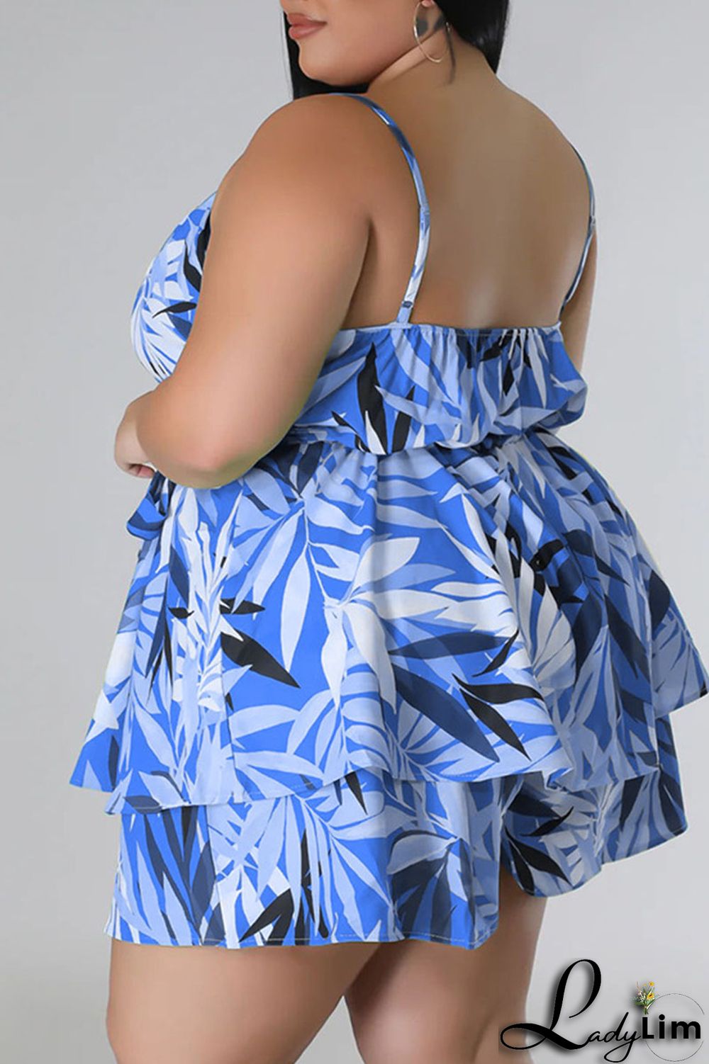 Blue Casual Print Patchwork Spaghetti Strap Plus Size Two Pieces