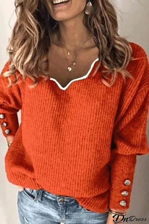 Button V Neck Pullover Sweater