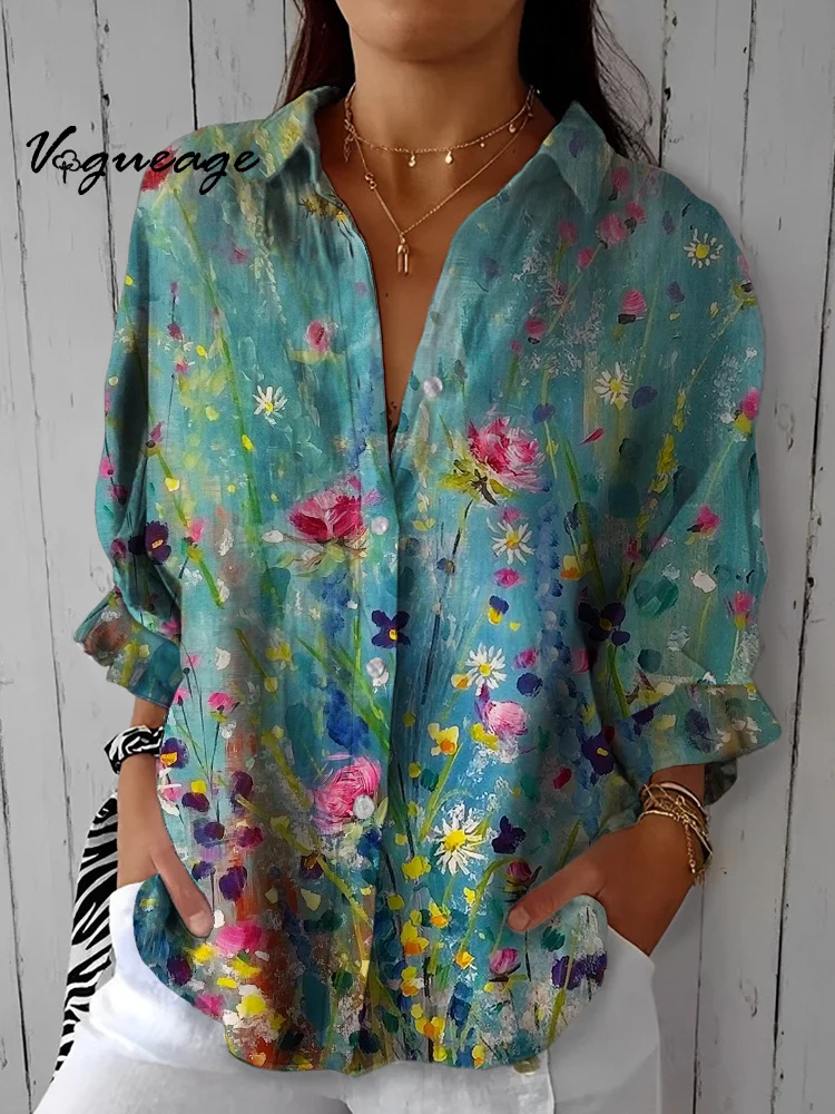 Fashionable And Elegant Painted Flowers Printed Cotton And Linen Shirt