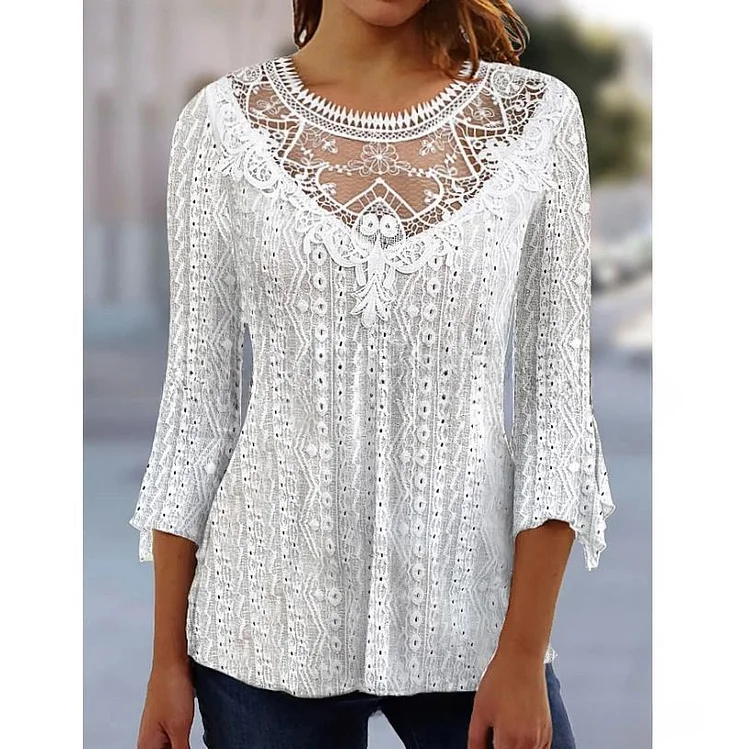 Women's New Comfortable Casual Hollow Perspective Lace Stitching Three-quarter Sleeve Top socialshop