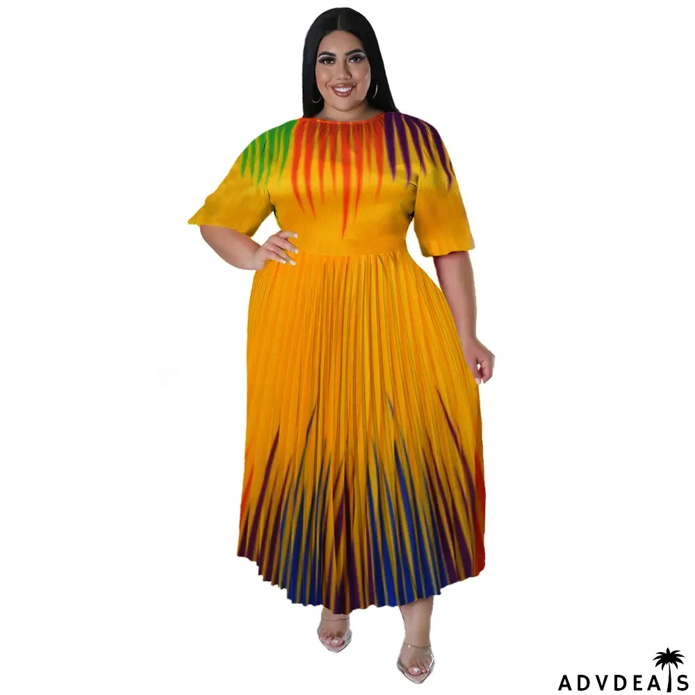 Plus Size Women's Digital Positioning Print Pleated Round Neck Long Casual Dress