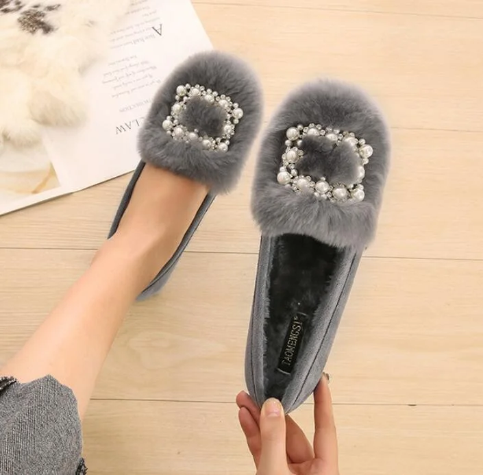 Real Rabbit Fur Shoes Woman Winter Plush Cotton Flats String Beaded Buckle Loafers Ladies Plus Size Moccasins Fleeces Snow Shoes