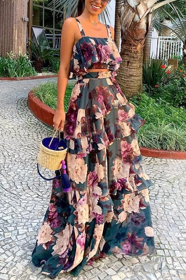 Elegant Floral Print Princess Cake Dress Suit