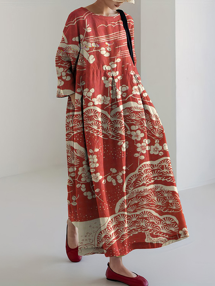 Comstylish Women Japanese Art Plum Blossom Linen Blend Long Sleeve Maxi Dress