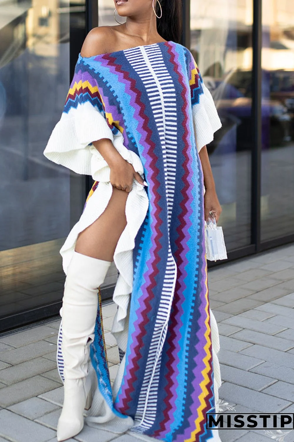 Blue Casual Print Patchwork Flounce Slit O Neck Straight Dresses