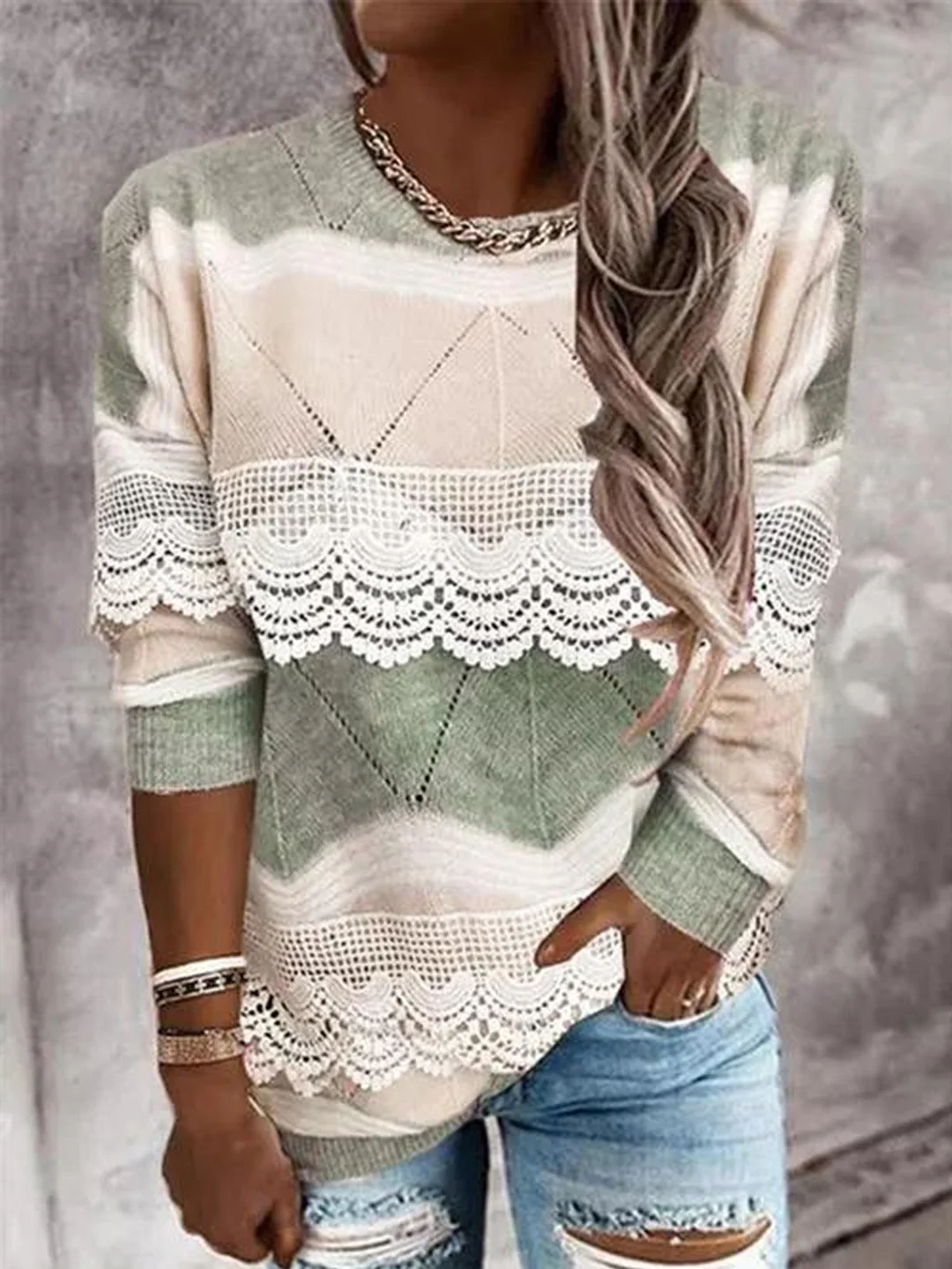 Fashion Pullover Patchwork Lace Tops Elegant O-Neck Sweatshirts DMladies