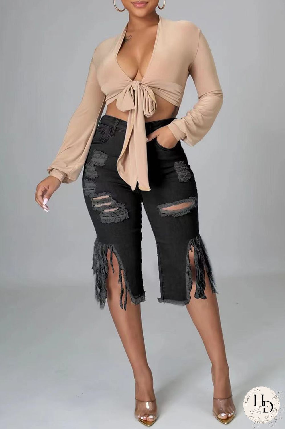 Black Fashion Casual Solid Ripped High Waist Regular Jeans