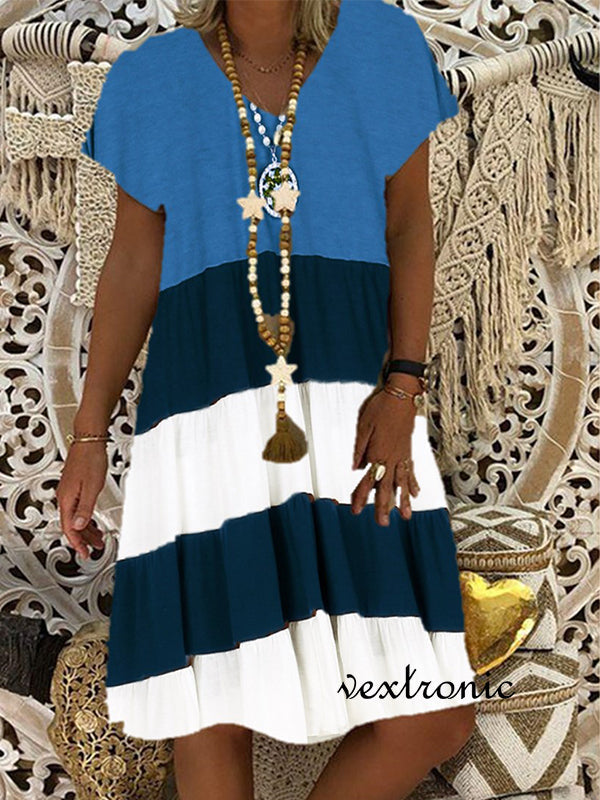 Women Short Sleeve V-neck Striped Colorblock Midi Dress