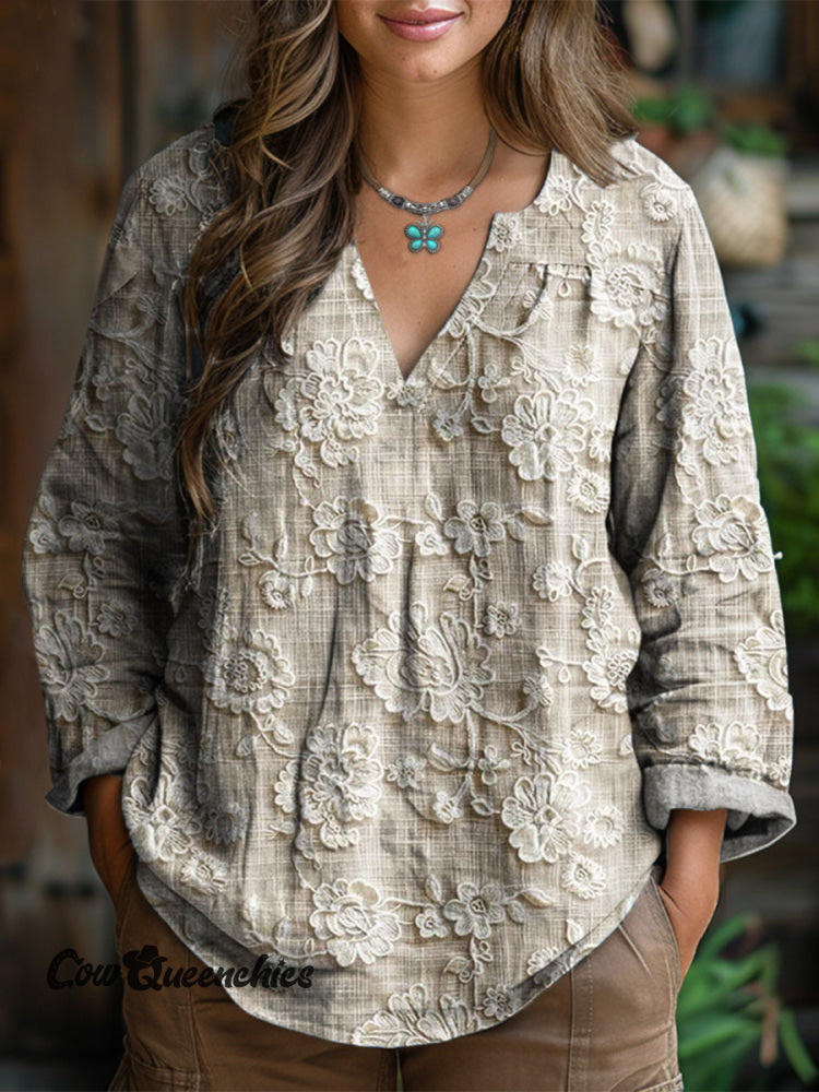 Women’s Vintage Three-dimensional Flower Print Cotton Shirt Multicolor / S