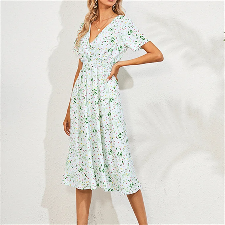 Women's Sundress Floral Dress V-Neck Short-Sleeve A-Line Summer Ladies Dresses