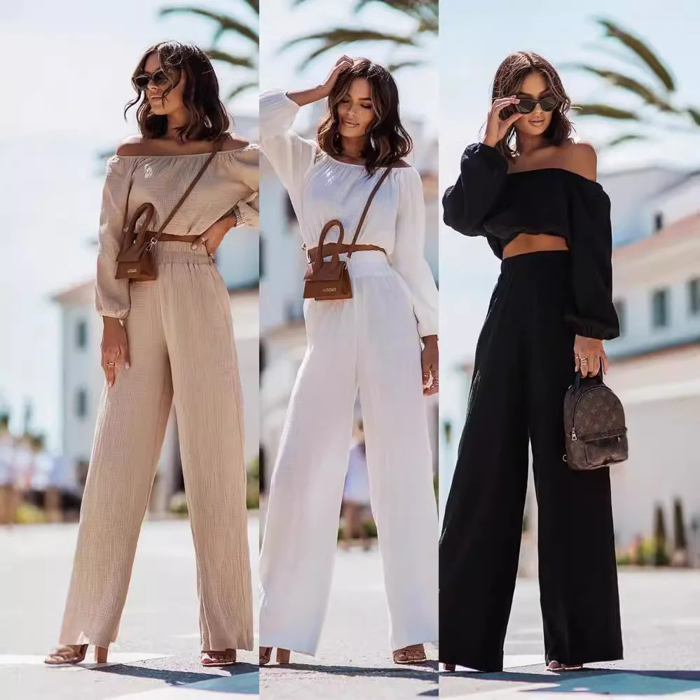 Nigikala Nigikala New Short-Sleeved Shoulder Straight Trouser Set Solid Color Commuting Two Sets