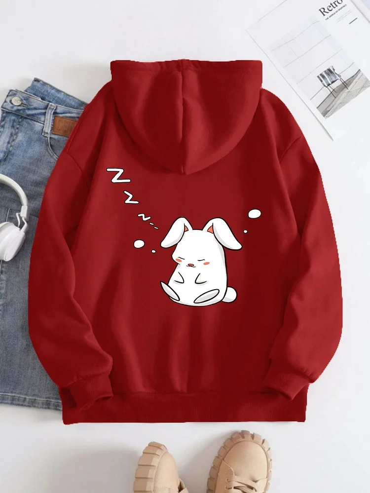 Printed on the Back Kangaroo Pocket Hoodie Long Sleeve for Women Pattern Rabbit Sleeping