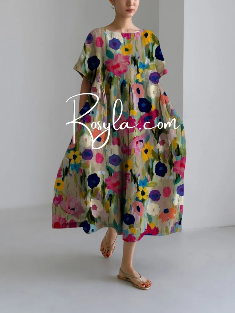 Women's Leisure Art Flory Print Loose Round Neck Medium Length Skirt Dress