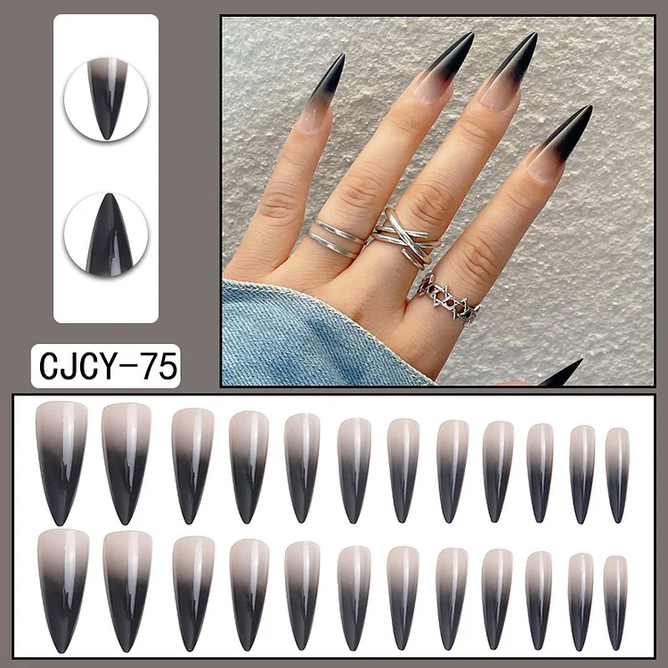 Gothic Chic - 24 Fake Nails 12 Sizes Long Stiletto Black Gradient Designs Press On Nails Kit