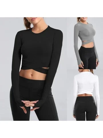 pornhint Pornhint Women Long Sleeve Running Shirts Sexy Exposed Navel Yoga T-shirts Solid Sports Shirts Quick Dry Fitness Gym Crop Tops Sport Wear