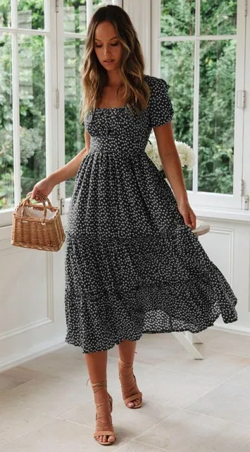 Churchf Churchf New Wish Burst Square Collar Bubble Sleeve Floral Dress Dress