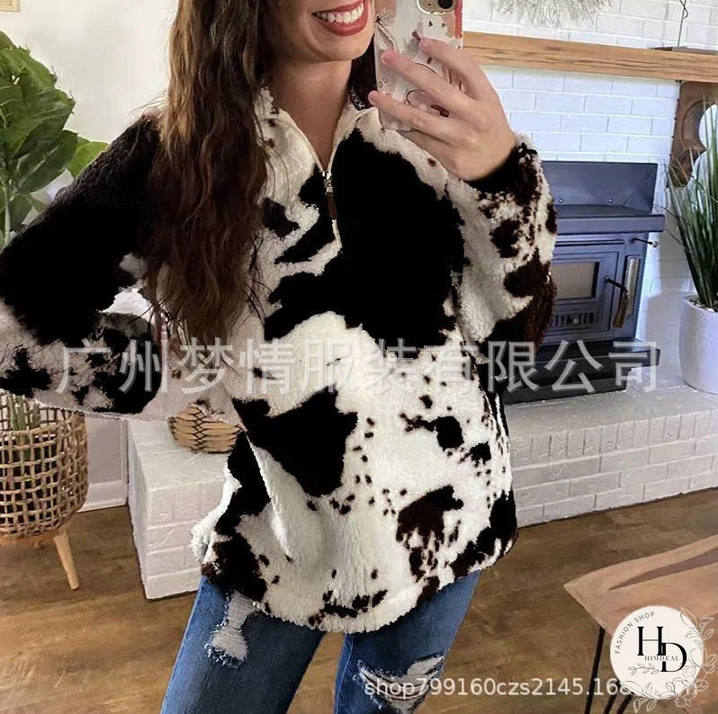 New Autumn and Winter Leisure Fashion Plush Coat Female Cow Printed Zipper Sweater