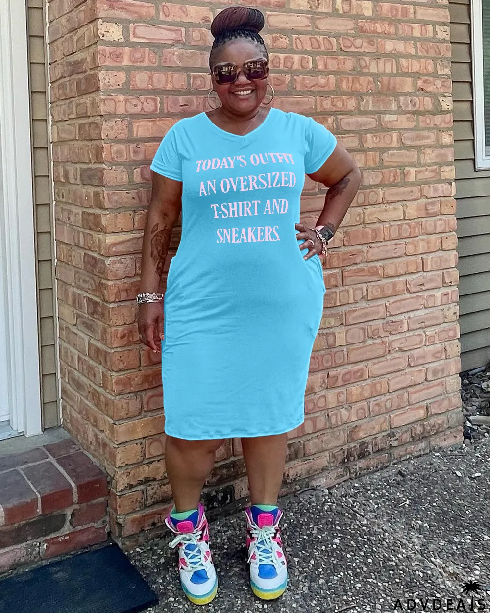 Plus Size Letter Print V Neck Short Sleeve T Shirt Dress