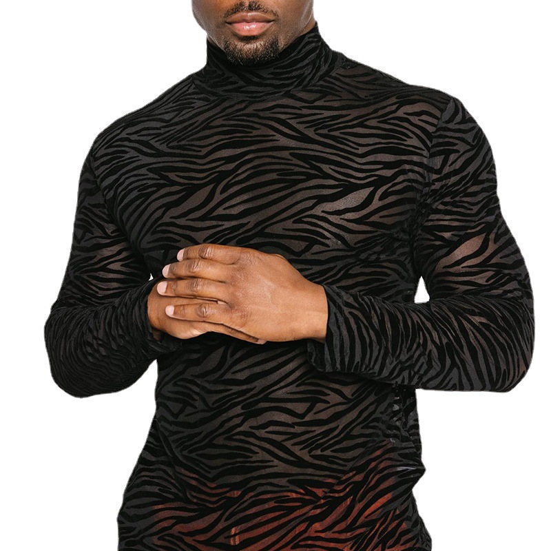 Men's See-Through High Neck Long Sleeve Lace Shirt