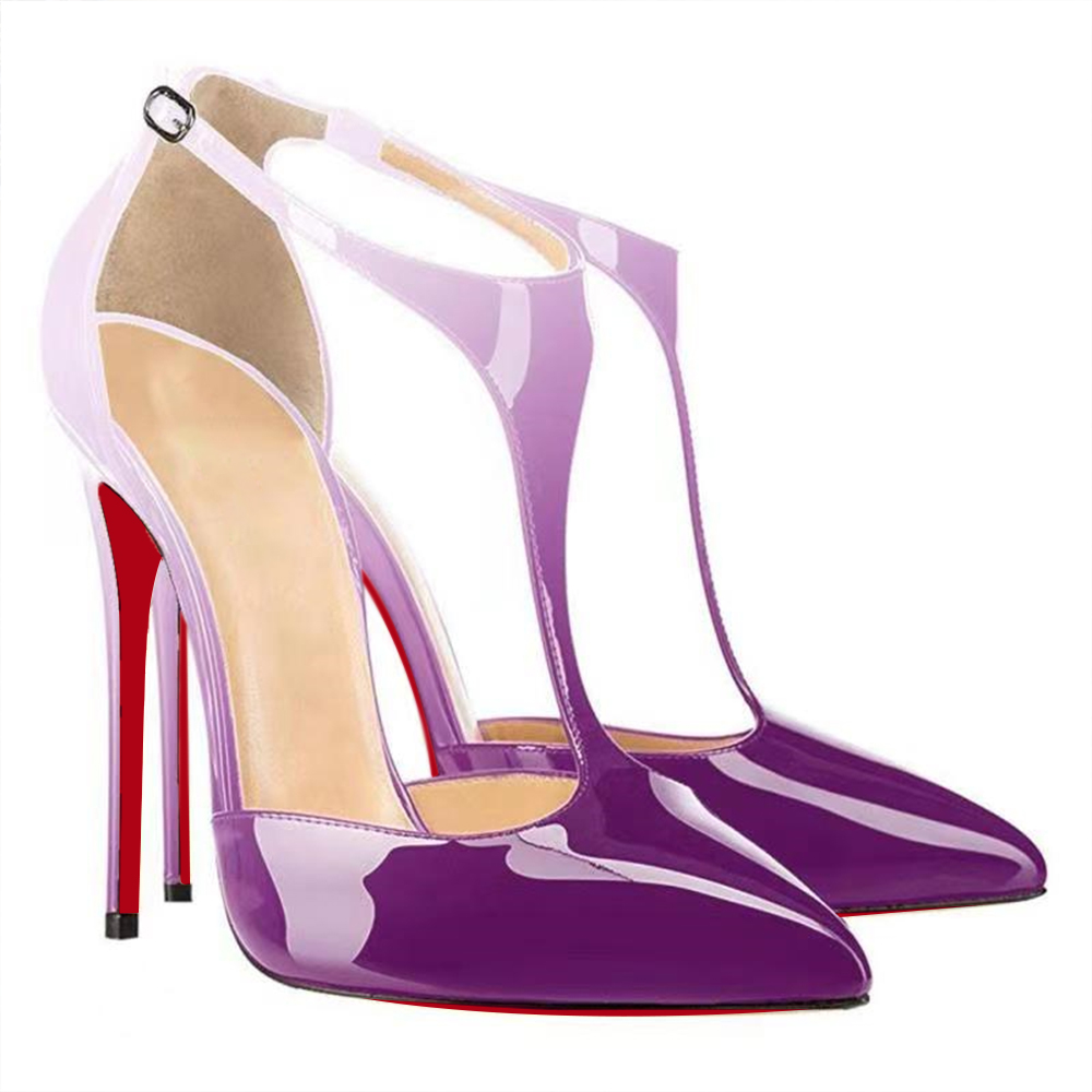 120mm Womens T-Strap Pumps High Heels White Purple Patent Pumps-vocosishoes