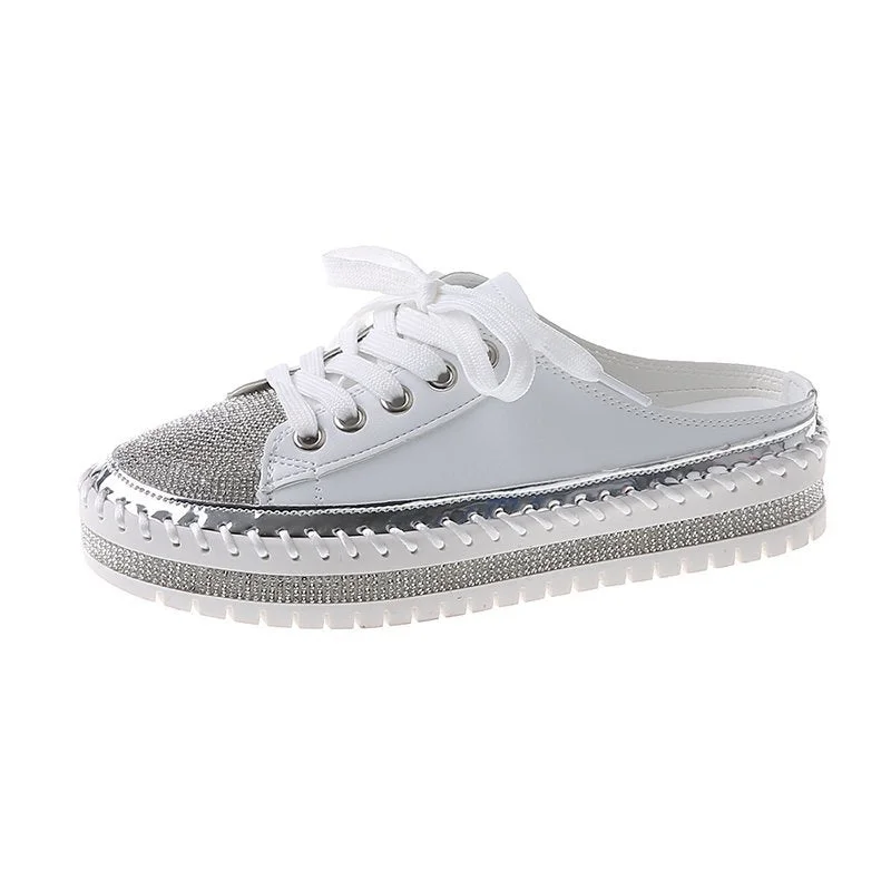 Crystals Round Toe Leather Flats Shoes Women Silver Bling Loafers Couple Platform Shoes Woman Flat With Students Size 43