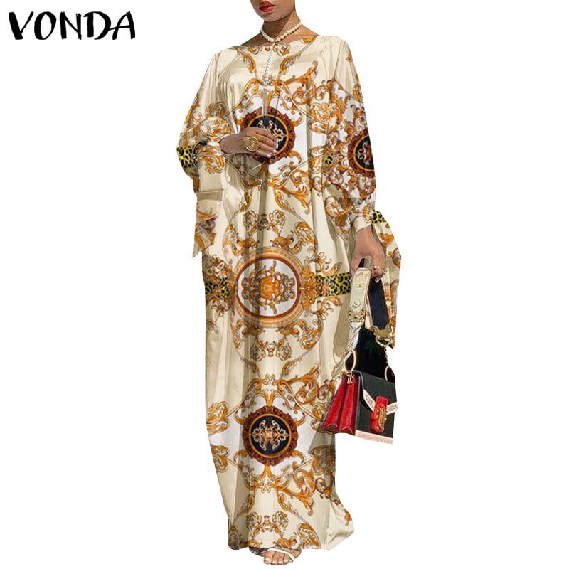 VONDA Robes Women 2022 Vintage Printed Long Sleeve Dresses Casual Loose Bohemian Vestidos Summer Casual Loose Long Maxi Sundress