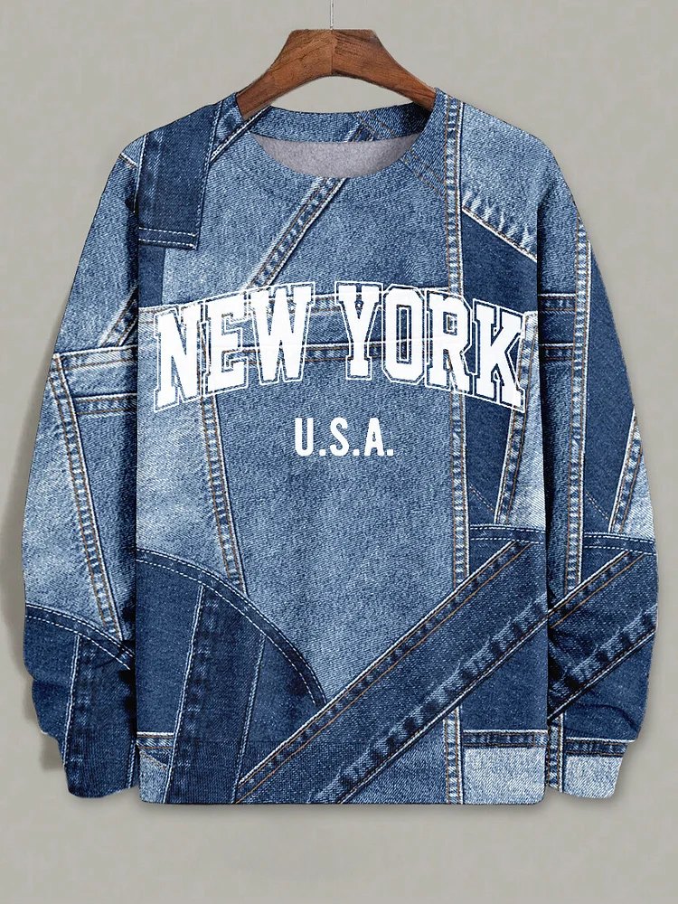 Men's New York Art Denim Stitching Print Casual Sweatshirt