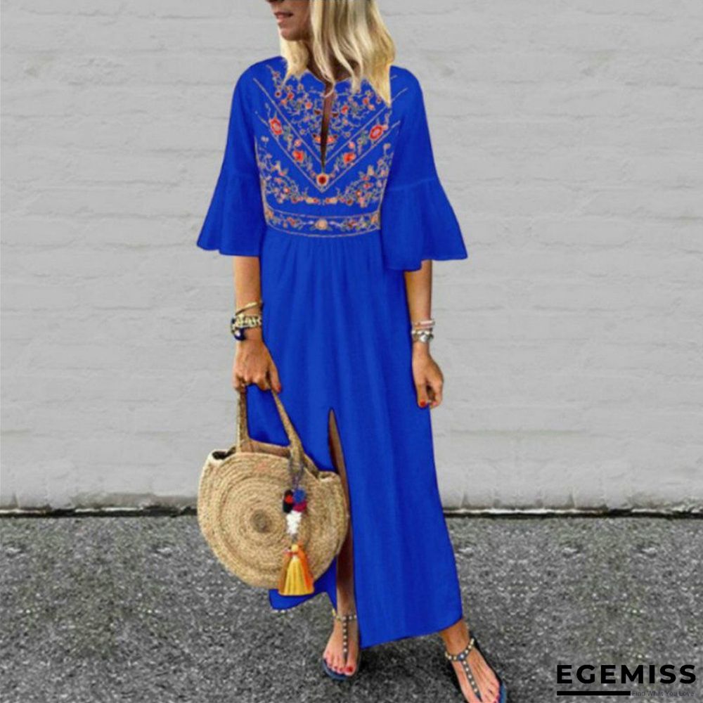 Ethnic Loose Sleeve Print Stitching A-shaped Dress White Dresses | EGEMISS