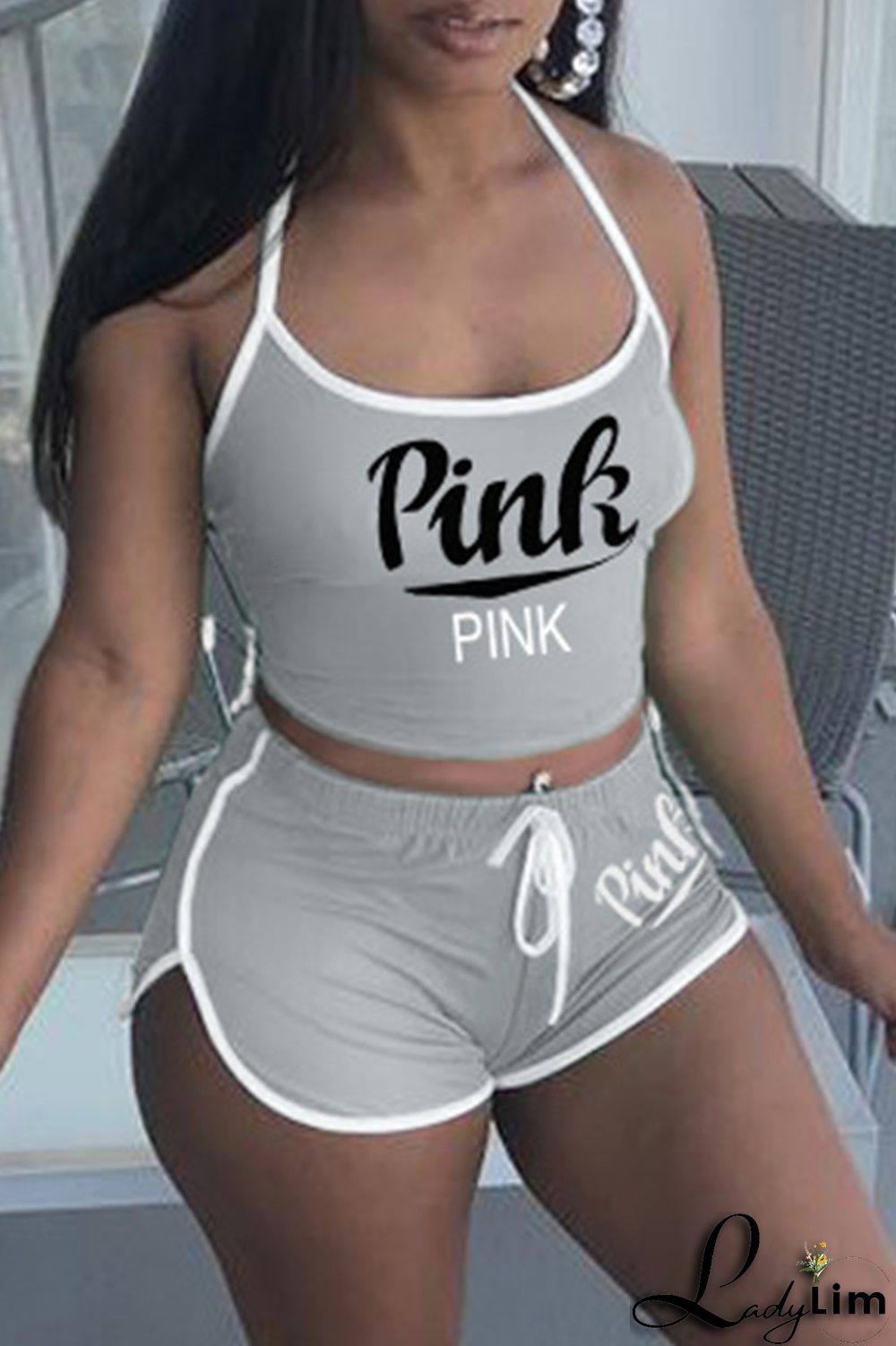 Burgundy Sexy Casual Letter Print Backless Halter Sleeveless Two Pieces