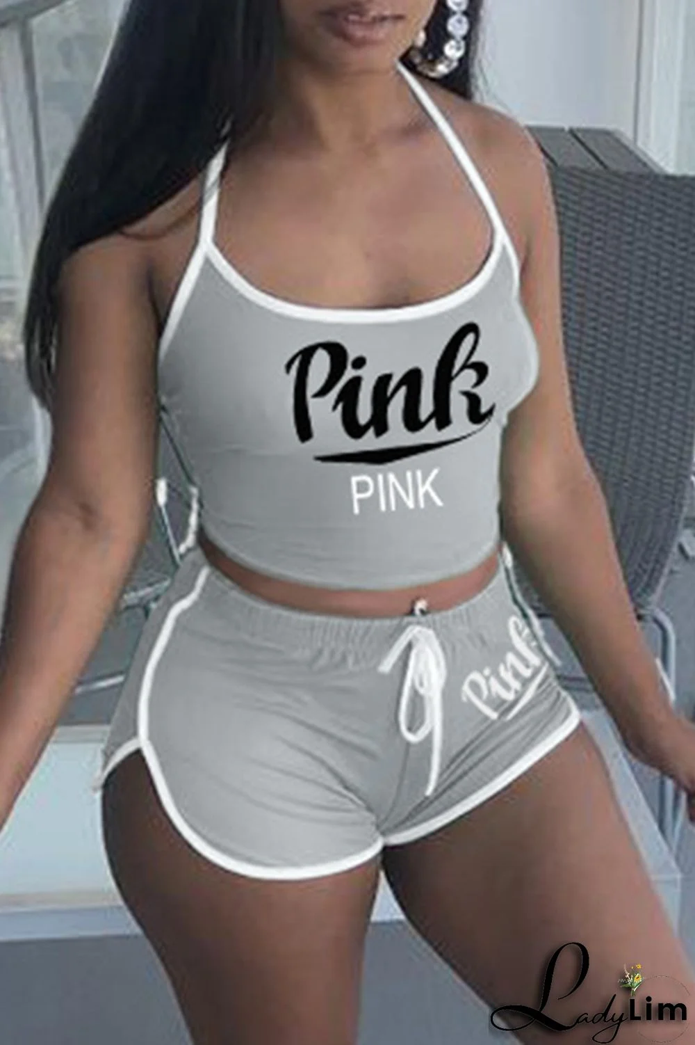 Burgundy Sexy Casual Letter Print Backless Halter Sleeveless Two Pieces