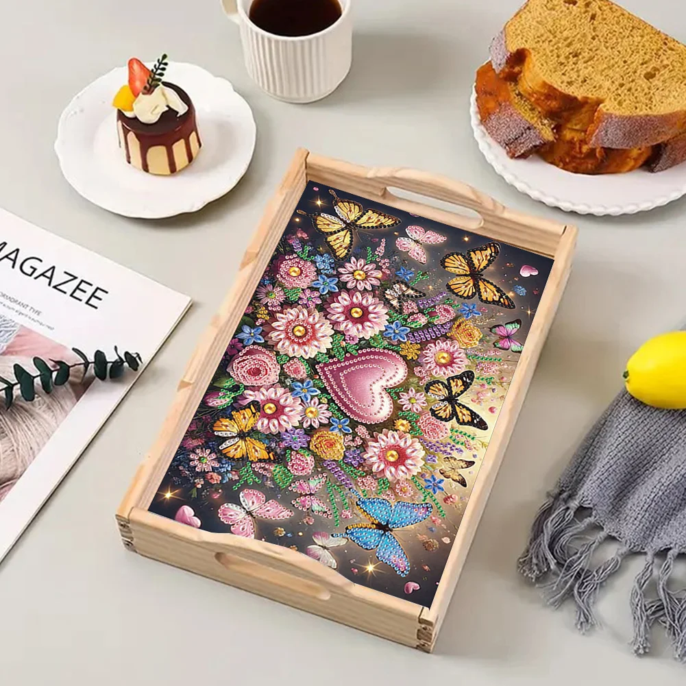 5D DIY Flower Butterfly Diamond Painting Wooden Serving Tray with Handle for Desk