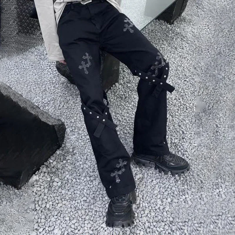 Dark Cross Strap Loose Straight Jeans Techwear Shop