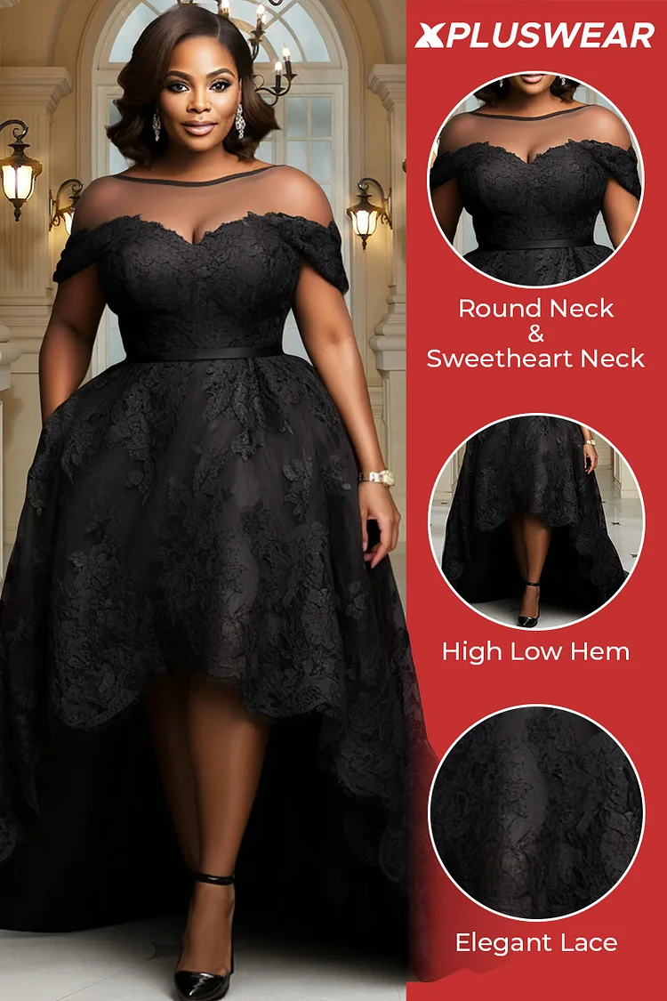 Xpluswear Design Plus Size Mother Of The Bride Black Round Neck Short Sleeve High Low Hem Elegant See Through Lace Midi Dresses [Pre-Order]