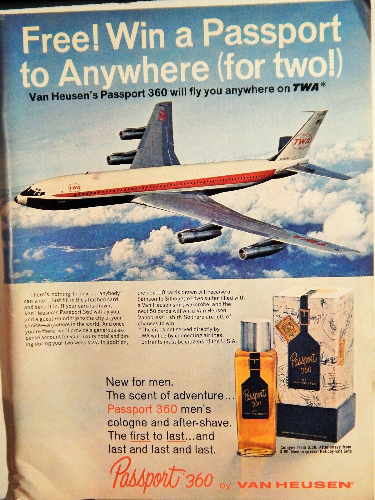 PASSPORT 360 MEN'S COLOGNE / PUB FOR MEN COLOGNE ORIG. VTG 1967 Photo Poster painting AD,