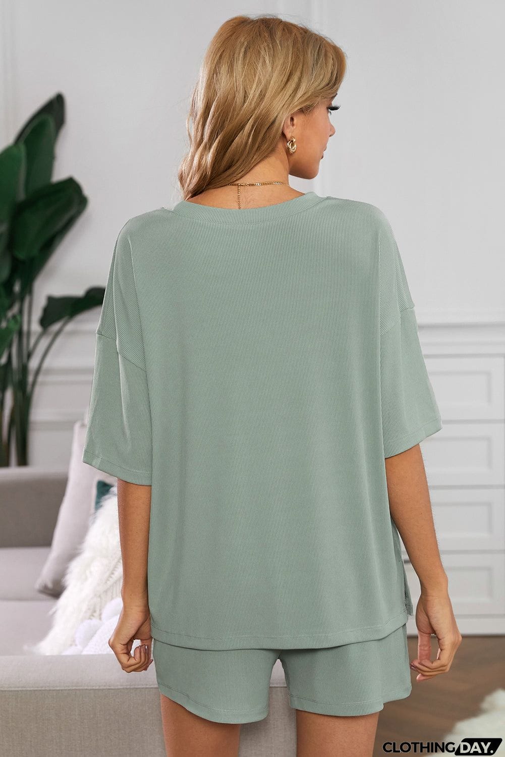 Khaki Crew Neck Short Sleeve Ribbed Lounge Set