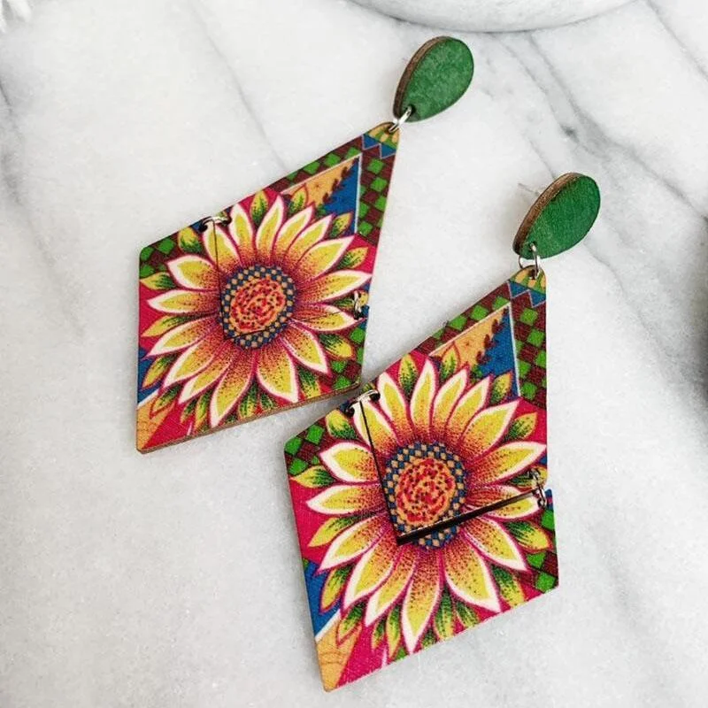 Sunflower Printed Wooden Geometric Earrings