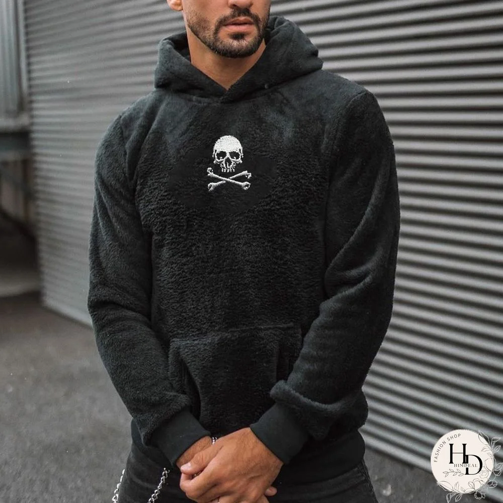 Mens Fashion Skull Embroidery Fleece Hoodie