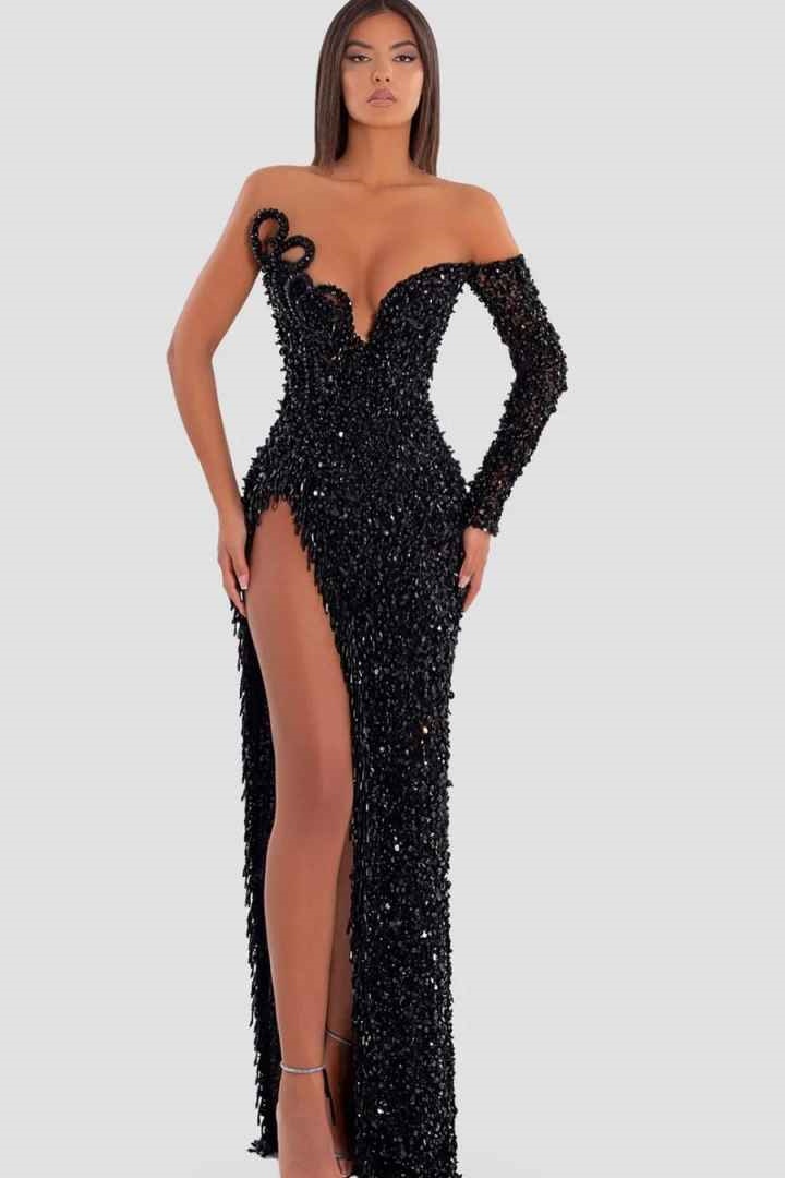 Ovlias Breathtaking Black Strapless One shoulder Beaded Asymmetric Prom Dress MM0089