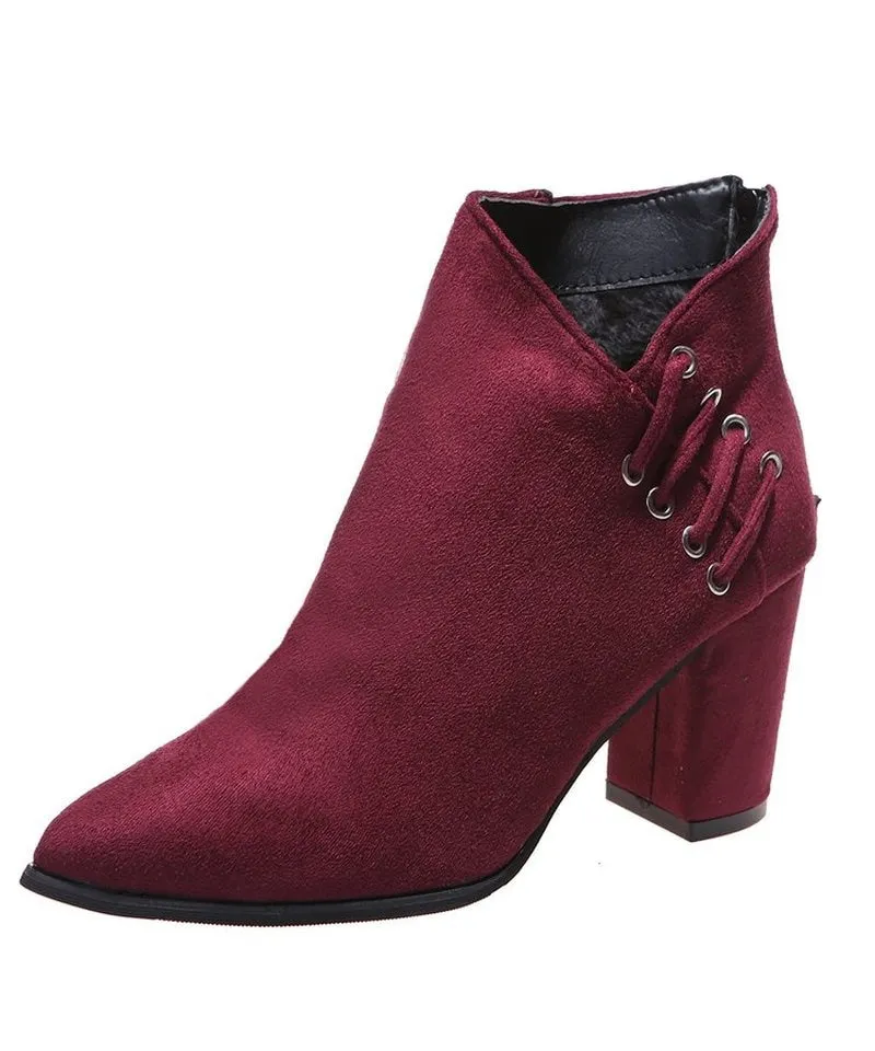 2021 winter new women's leather boots women's shoe PU pointed fashion boots rubber thick heel zipper suede chaussure femme talon