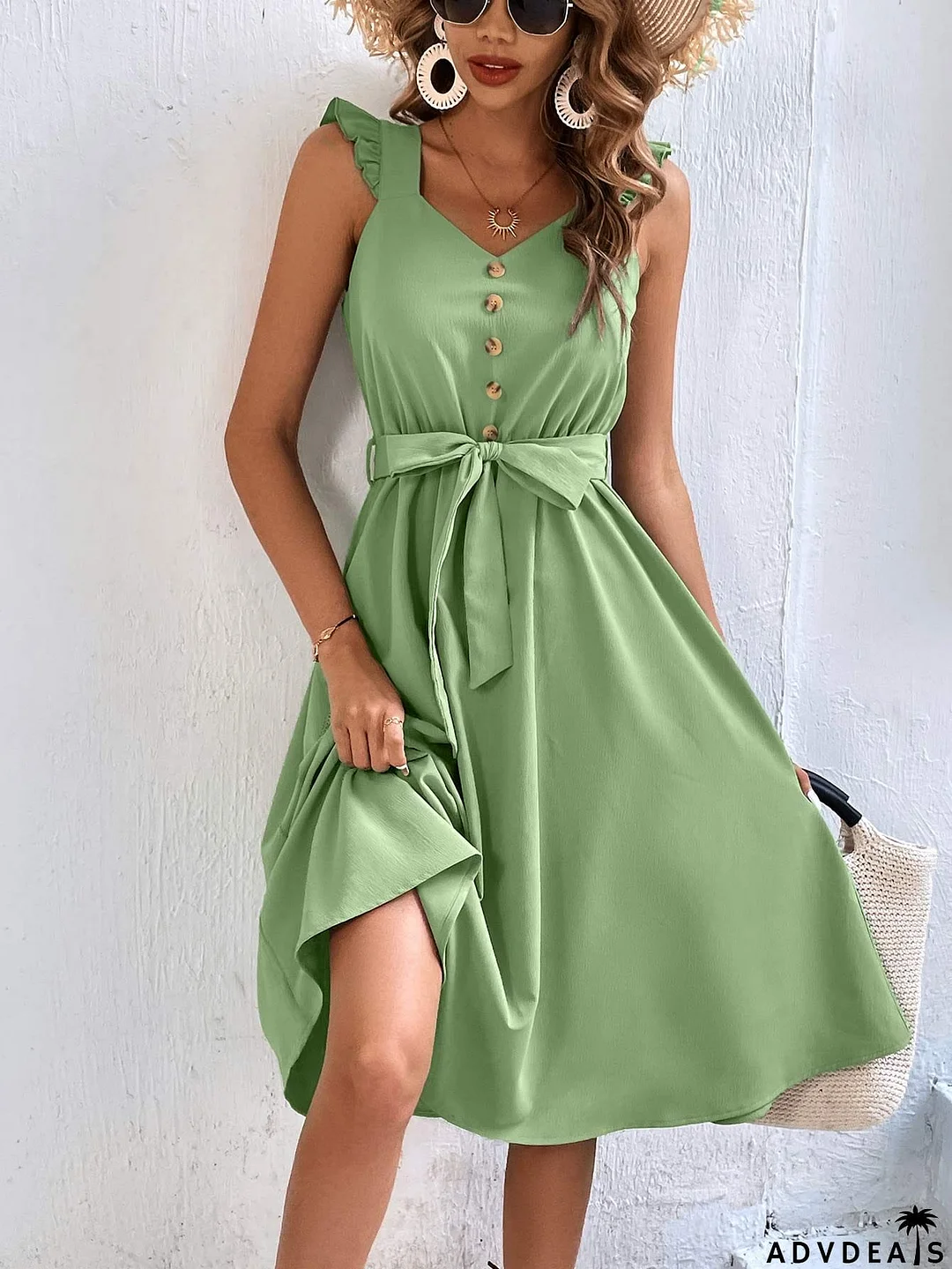 Decorative Button Tie Waist A-Line Dress