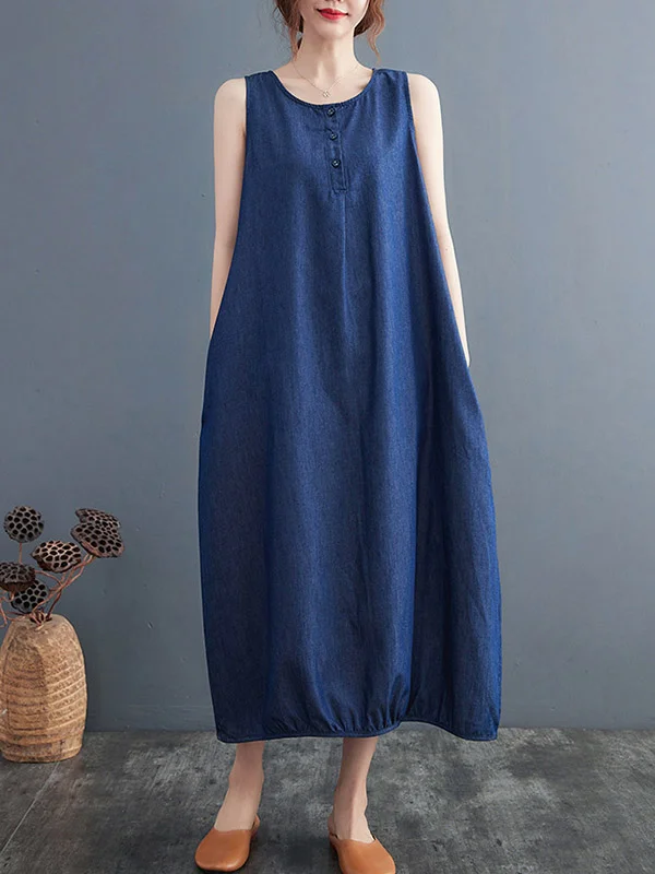 Simple Denim Blue Round-Neck Buttoned Sleeveless Midi Dress