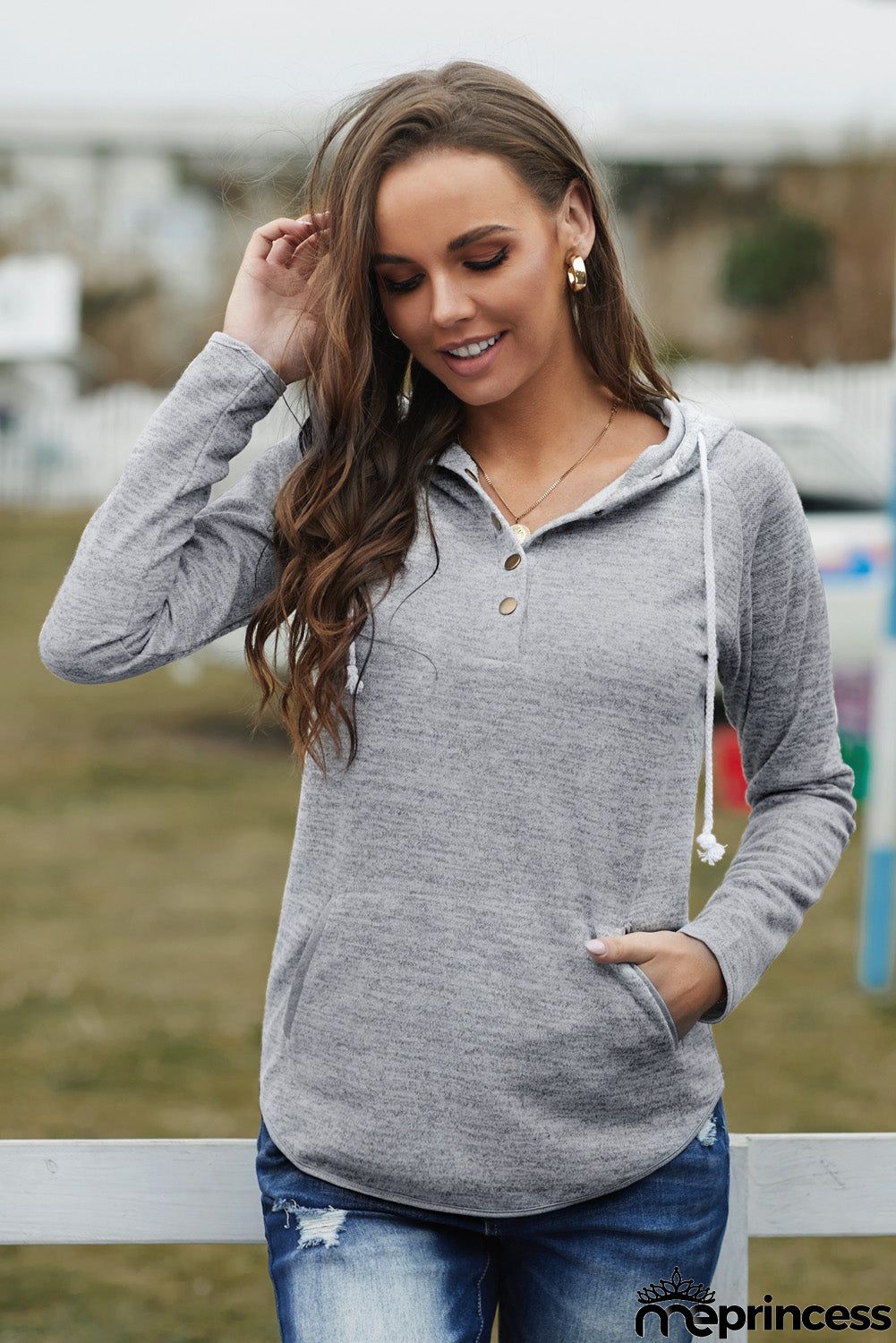 Buttoned Neck Hooded Sweatshirt