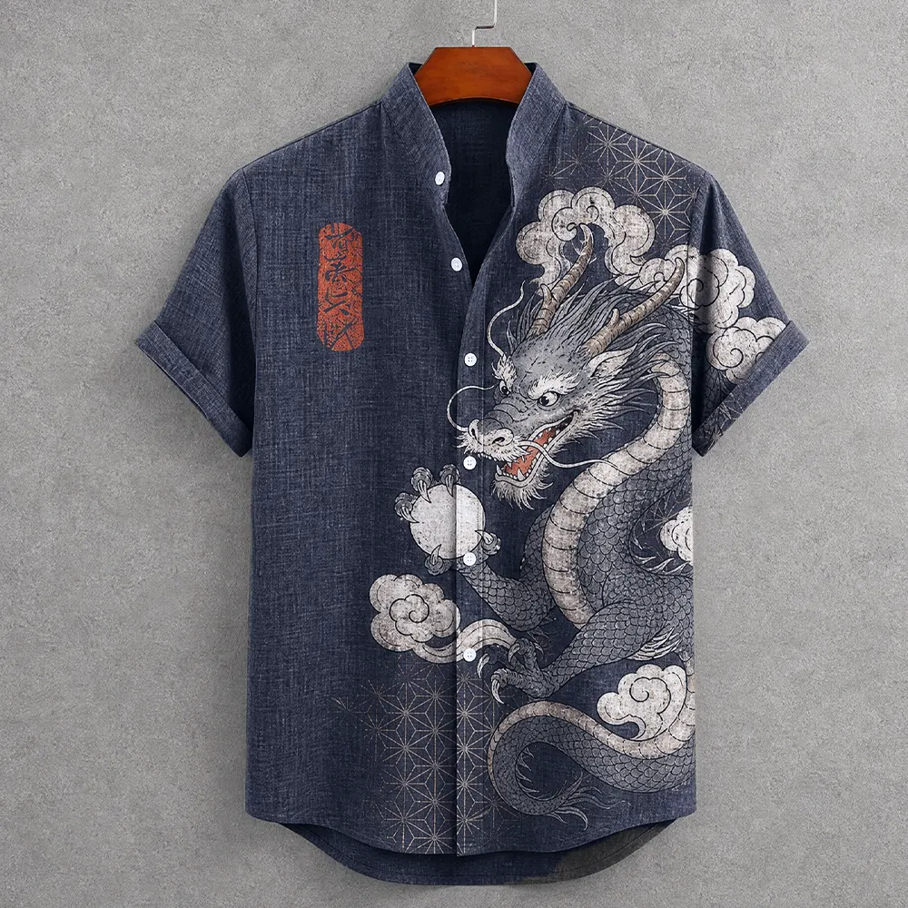 Men's Japanese Ukiyo-e Denim-style Dragon Graphic Print Short Sleeve Shirt  artssus