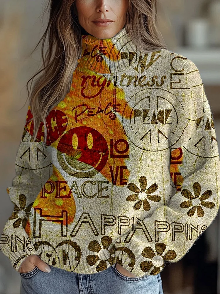 Vintage Hippie Art Print Knit Turtleneck Pullover Sweater