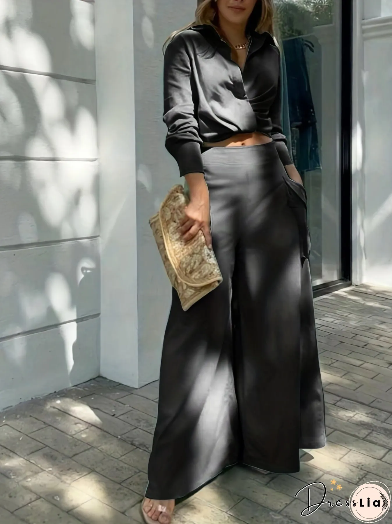 Casual Matching Two-piece Set, Long Sleeve Blouse & Wide Leg Pants Outfits, Women's Clothing