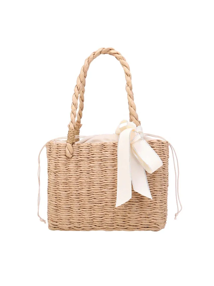 Beach Handmade Woven Portable Tote Bag Rattan Silk Ribbon Basket Handbag