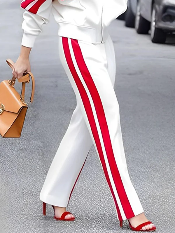 Loose Straight Leg Contrast Color Split-Joint Striped Pants Trousers