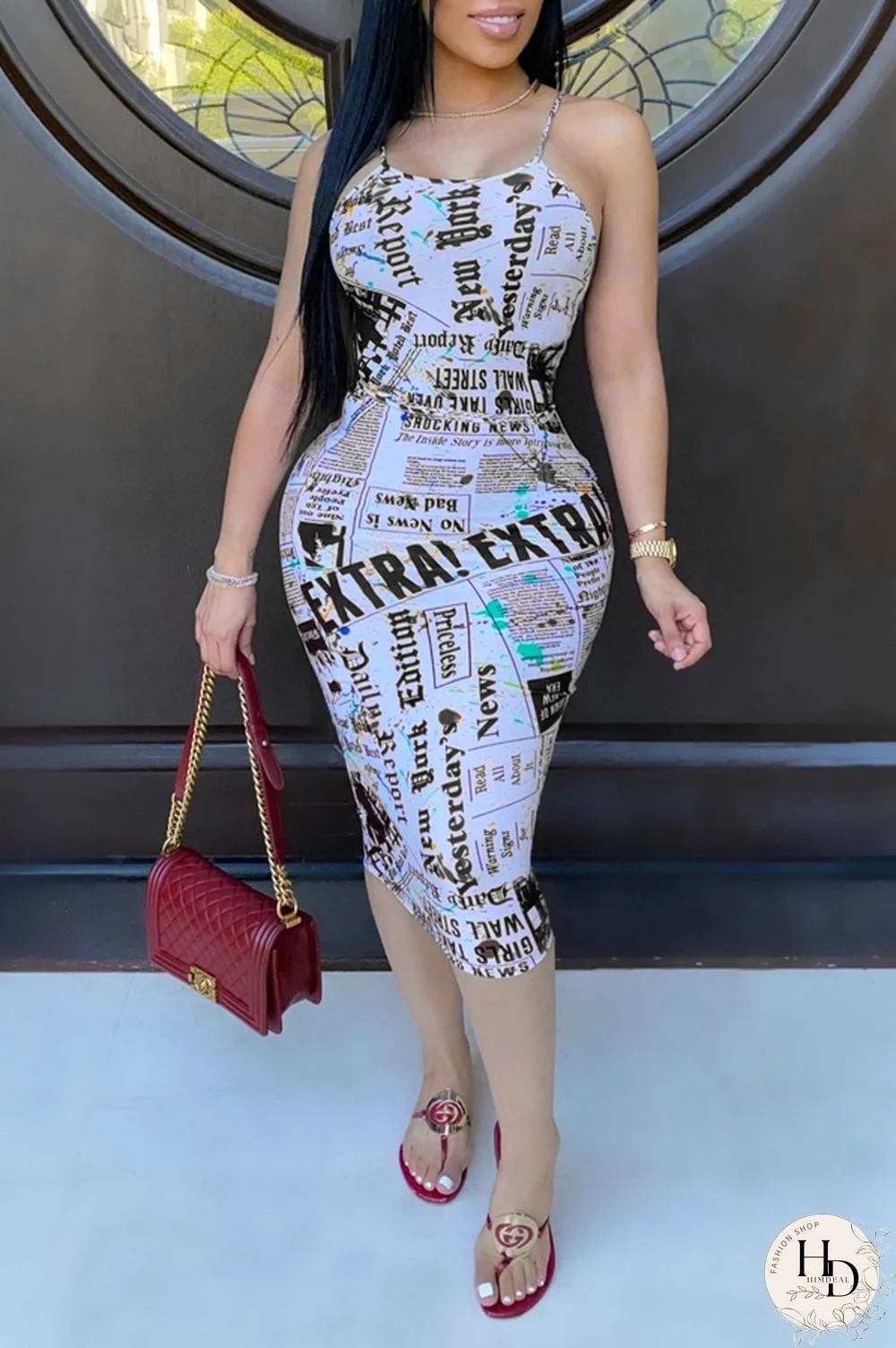 Black Sexy Spaghetti Strap Sleeveless Slip Step Skirt Knee-Length Print Character bandage Dresses