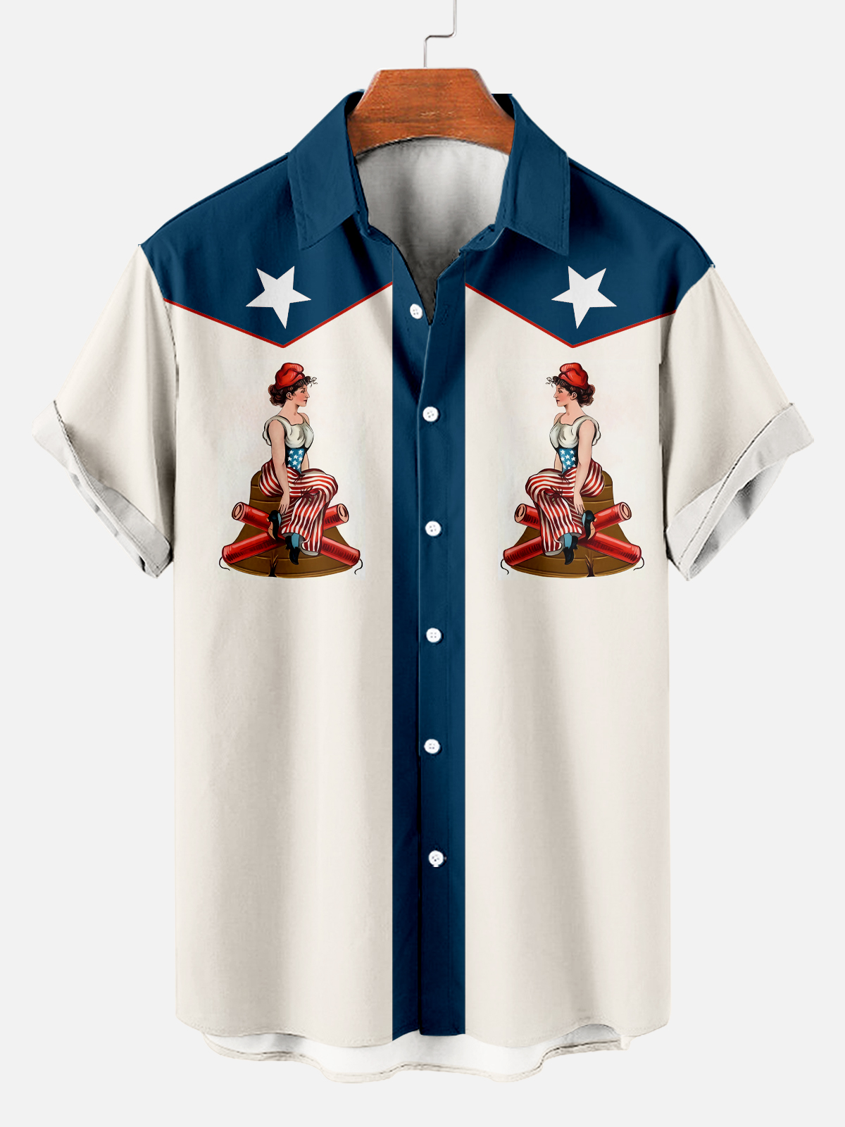 Independence Day Contrast Short Sleeve Bowling Shirt PLUSCLOTHESMAN