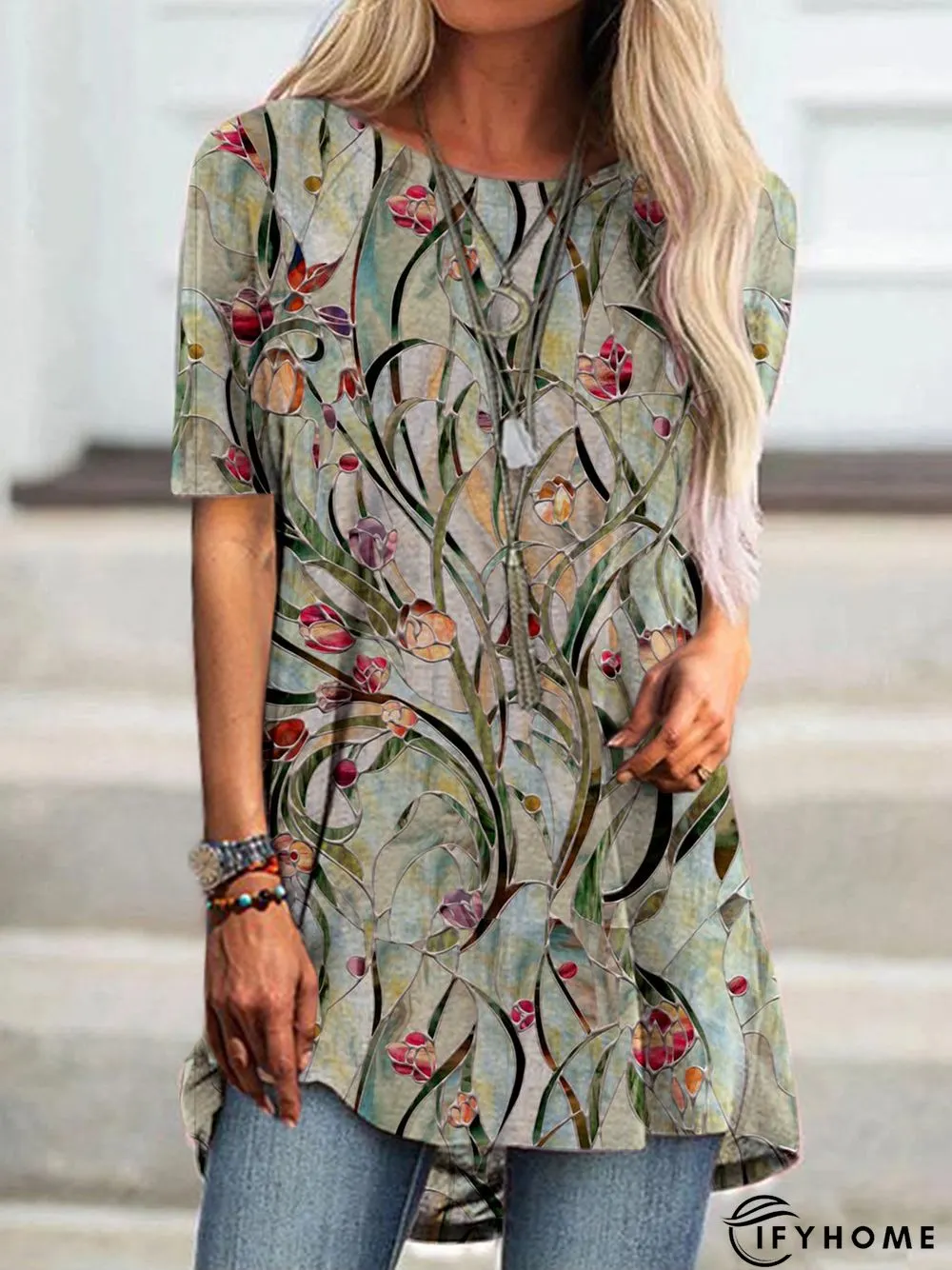 Short Sleeve Printed Cotton-Blend T-shirt | IFYHOME